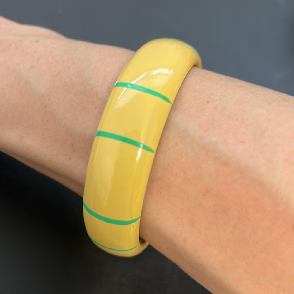 Vintage Du Barry Plastic Bangle Bracelet, Yellow, Turquoise Stripes, Retro, Boho